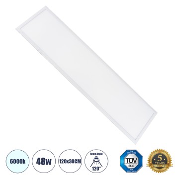 Χωνευτό LED Panel Milky Super Slim 120x30cm 48W 4800lm 120° CRI≥80Ra UGR<19 AC 220-240V IP20 Μ120 x Π30 x Υ1.5cm - Ψυχρό Λευκό 6000K - TÜV Certified Driver