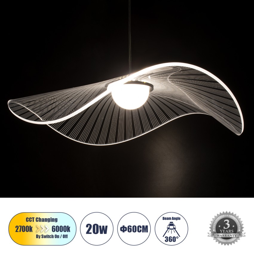 ACRYLICA  Κρεμαστό Φωτιστικό Οροφής Design LED CCT 20W 2240lm 360° AC 220-240V - Εναλλαγή Φωτισμού μέσω Διακόπτη On/Off All In One Ψυχρό 6000k+Φυσικό 4500k+Θερμό 2700k Φ60cm - Μαύρο με Διάφανο Laser Designed Plexiglass