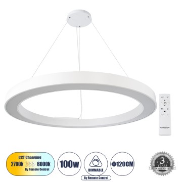 RA  Κρεμαστό Φωτιστικό Δαχτυλίδι-Κύκλος LED CCT 100W 11020lm 120° AC 220-240V - Εναλλαγή Φωτισμού μέσω Τηλεχειριστηρίου All In One Ψυχρό 6000k+Φυσικό 4500k+Θερμό 2700k Dimmable Φ120cm - Λευκό