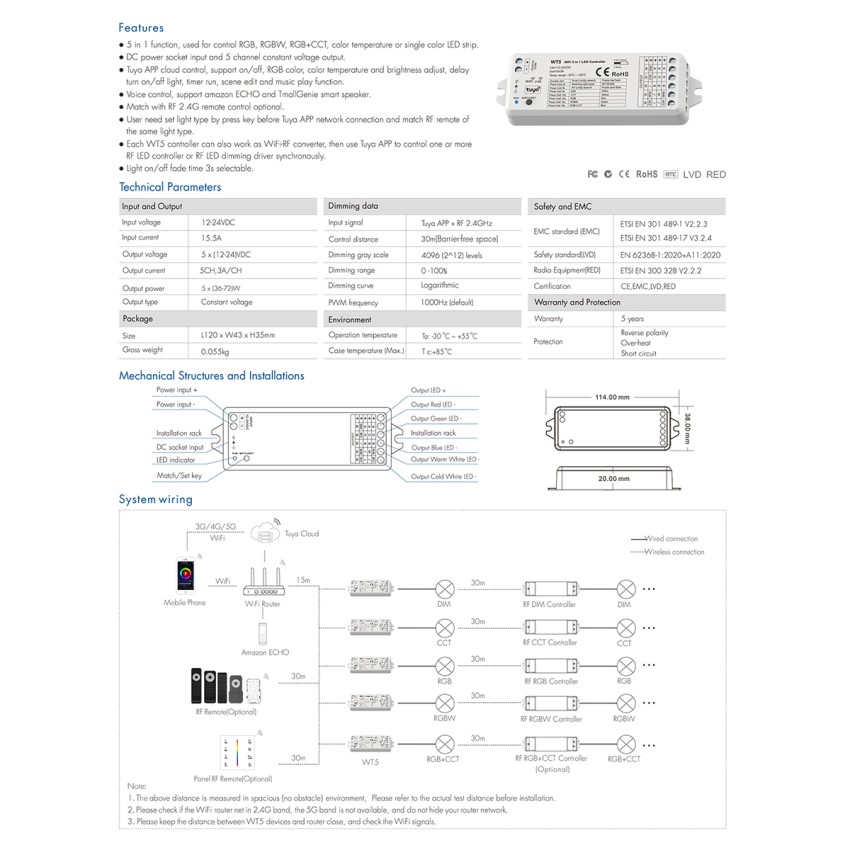 WT5 SKYDANCE DC WiFi & RF 2.4Ghz Dimmer High Speed Controller 5 Καναλιών DC 12-24V 5 x 3A 72W - Max 15A 360W - IP20 Μ10 x Π4 x Υ2cm