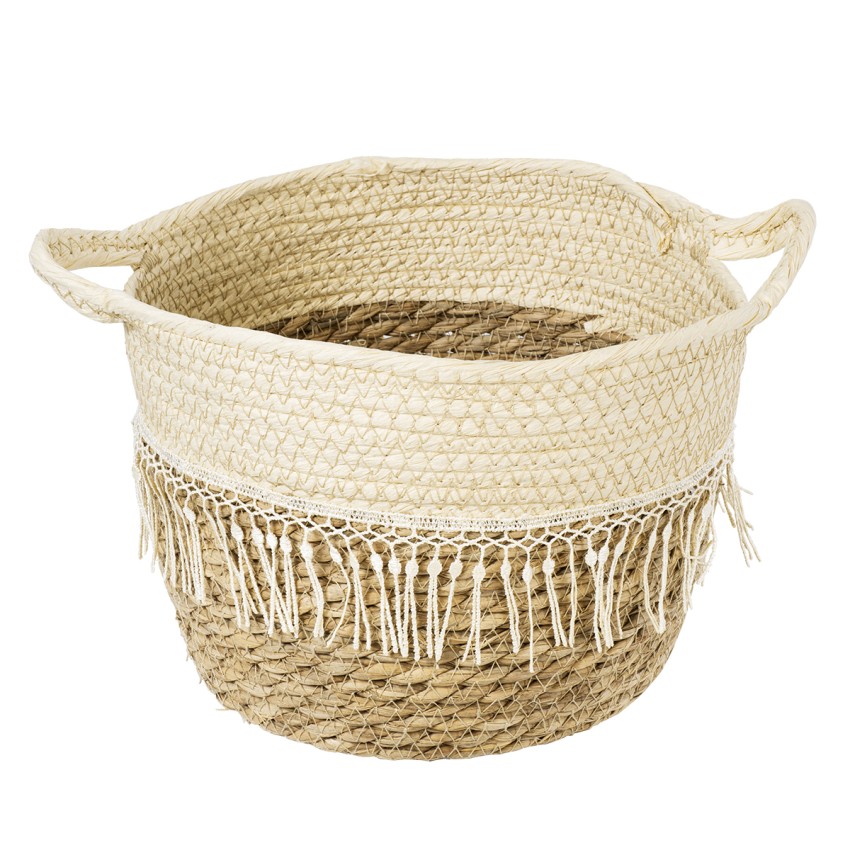Τεχνητός Κήπος MYKONOS  Διακοσμητικό Πλεκτό Καλάθι - Κασπώ Γλάστρα -  Μπεζ με Μακραμέ Φ25cm x Υ19cm