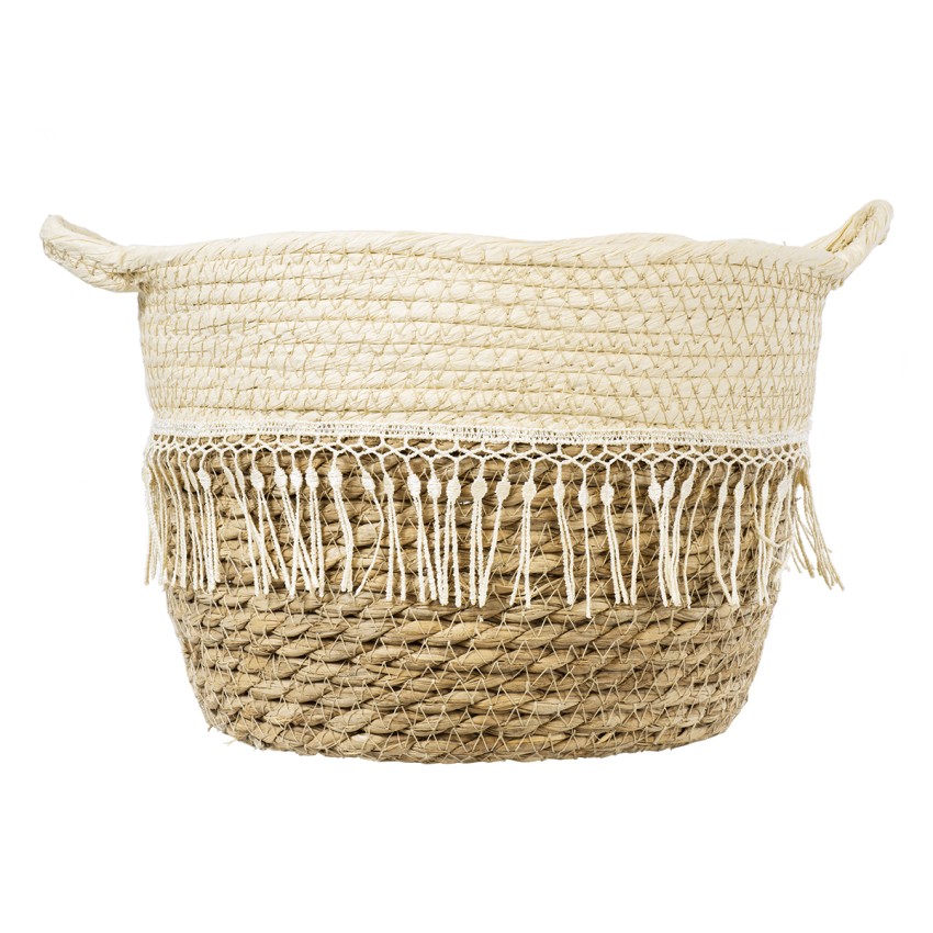 Τεχνητός Κήπος MYKONOS  Διακοσμητικό Πλεκτό Καλάθι - Κασπώ Γλάστρα -  Μπεζ με Μακραμέ Φ25cm x Υ19cm