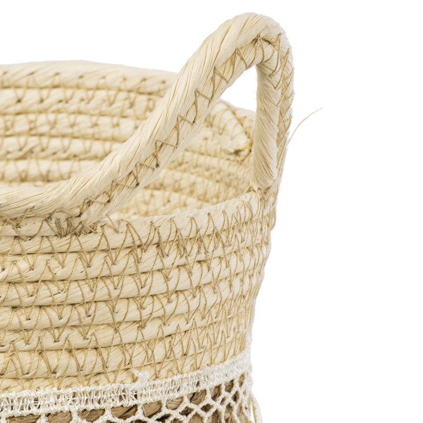 Τεχνητός Κήπος MYKONOS  Διακοσμητικό Πλεκτό Καλάθι - Κασπώ Γλάστρα -  Μπεζ με Μακραμέ Φ25cm x Υ19cm
