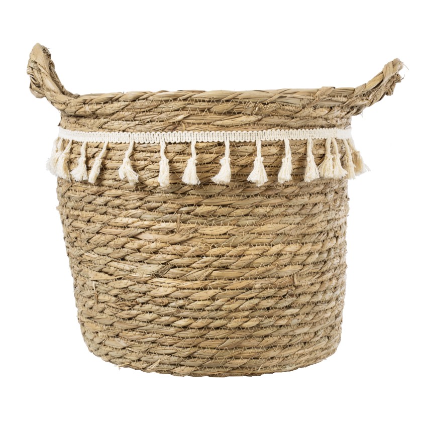 Τεχνητός Κήπος SANTORINI  Διακοσμητικό Πλεκτό Καλάθι - Κασπώ Γλάστρα -  Μπεζ με Μακραμέ Φ31cm x Υ29cm