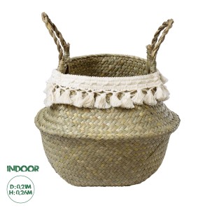 Τεχνητός Κήπος MILOS  Διακοσμητικό Ψάθινο Καλάθι - Κασπώ Γλάστρα -  Μπεζ με Μακραμέ Φ21cm x Υ26cm