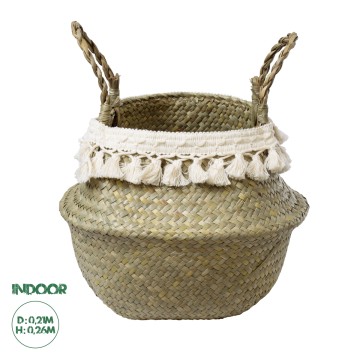 Τεχνητός Κήπος MILOS  Διακοσμητικό Ψάθινο Καλάθι - Κασπώ Γλάστρα -  Μπεζ με Μακραμέ Φ21cm x Υ26cm
