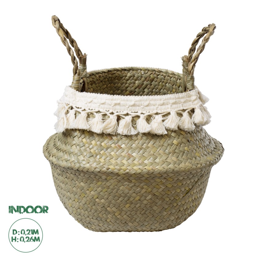 Τεχνητός Κήπος MILOS  Διακοσμητικό Ψάθινο Καλάθι - Κασπώ Γλάστρα -  Μπεζ με Μακραμέ Φ21cm x Υ26cm