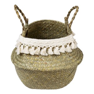 Τεχνητός Κήπος MILOS  Διακοσμητικό Ψάθινο Καλάθι - Κασπώ Γλάστρα -  Μπεζ με Μακραμέ Φ21cm x Υ26cm