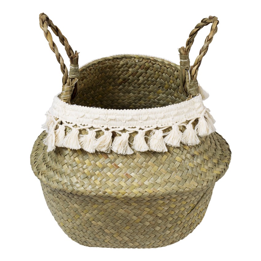 Τεχνητός Κήπος MILOS  Διακοσμητικό Ψάθινο Καλάθι - Κασπώ Γλάστρα -  Μπεζ με Μακραμέ Φ21cm x Υ26cm