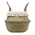 Τεχνητός Κήπος MILOS  Διακοσμητικό Ψάθινο Καλάθι - Κασπώ Γλάστρα -  Μπεζ με Μακραμέ Φ21cm x Υ26cm