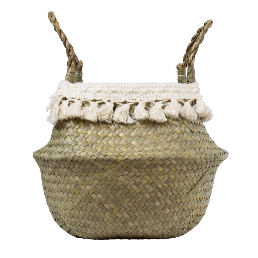 Τεχνητός Κήπος MILOS  Διακοσμητικό Ψάθινο Καλάθι - Κασπώ Γλάστρα -  Μπεζ με Μακραμέ Φ21cm x Υ26cm