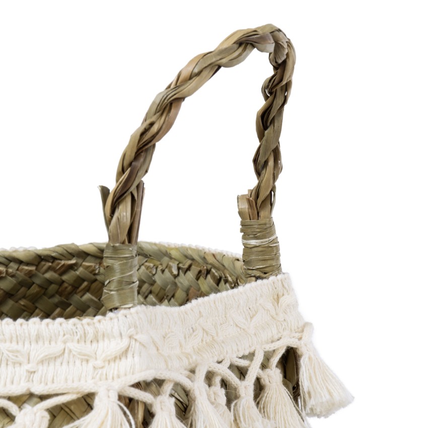 Τεχνητός Κήπος MILOS  Διακοσμητικό Ψάθινο Καλάθι - Κασπώ Γλάστρα -  Μπεζ με Μακραμέ Φ21cm x Υ26cm