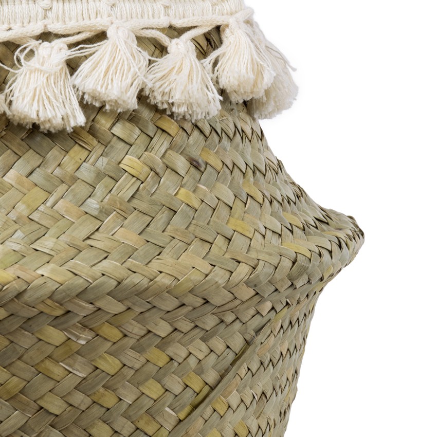 Τεχνητός Κήπος MILOS  Διακοσμητικό Ψάθινο Καλάθι - Κασπώ Γλάστρα -  Μπεζ με Μακραμέ Φ21cm x Υ26cm
