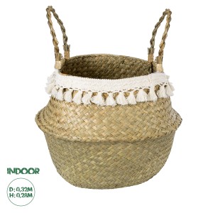 Τεχνητός Κήπος MILOS  Διακοσμητικό Ψάθινο Καλάθι - Κασπώ Γλάστρα -  Μπεζ με Μακραμέ Φ32cm x Υ28cm