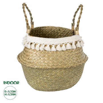 Τεχνητός Κήπος MILOS  Διακοσμητικό Ψάθινο Καλάθι - Κασπώ Γλάστρα -  Μπεζ με Μακραμέ Φ32cm x Υ28cm