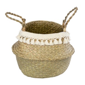 Τεχνητός Κήπος MILOS  Διακοσμητικό Ψάθινο Καλάθι - Κασπώ Γλάστρα -  Μπεζ με Μακραμέ Φ32cm x Υ28cm