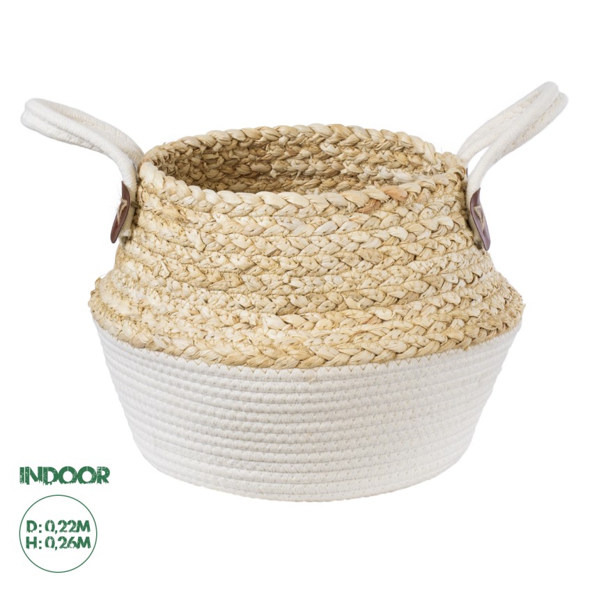 Τεχνητός Κήπος KIMOLOS  Διακοσμητικό Πλεκτό Καλάθι - Κασπώ Γλάστρα -  Μπεζ με Λευκό Φ22cm x Υ26cm