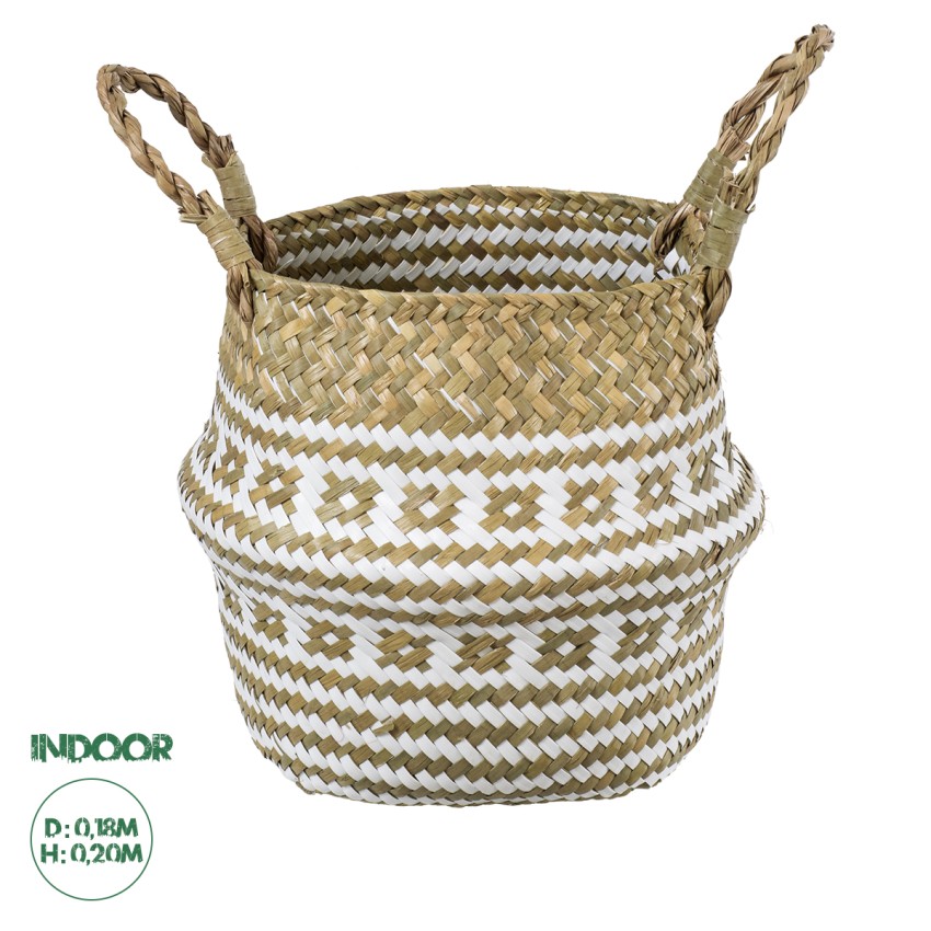 Τεχνητός Κήπος SYMI  Διακοσμητικό Ψάθινο Καλάθι - Κασπώ Γλάστρα -  Μπεζ με Λευκό Φ18cm x Υ20cm