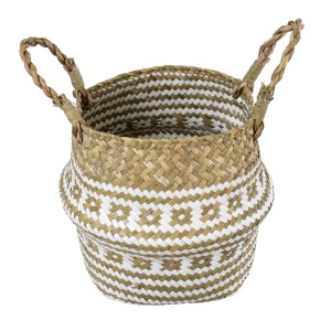 Τεχνητός Κήπος SYMI  Διακοσμητικό Ψάθινο Καλάθι - Κασπώ Γλάστρα -  Μπεζ με Λευκό Φ18cm x Υ20cm