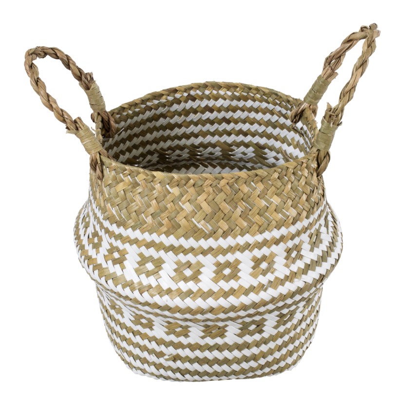 Τεχνητός Κήπος SYMI  Διακοσμητικό Ψάθινο Καλάθι - Κασπώ Γλάστρα -  Μπεζ με Λευκό Φ18cm x Υ20cm