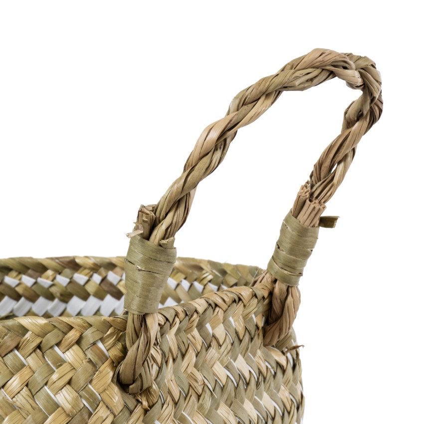 Τεχνητός Κήπος SYMI  Διακοσμητικό Ψάθινο Καλάθι - Κασπώ Γλάστρα -  Μπεζ με Λευκό Φ18cm x Υ20cm