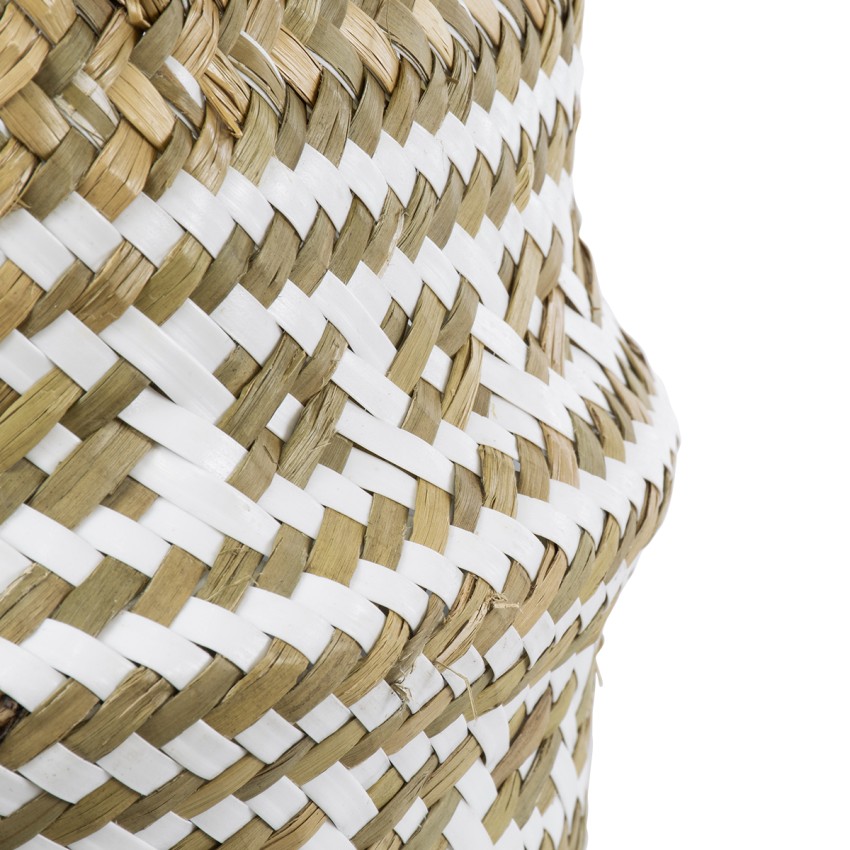 Τεχνητός Κήπος SYMI  Διακοσμητικό Ψάθινο Καλάθι - Κασπώ Γλάστρα -  Μπεζ με Λευκό Φ18cm x Υ20cm