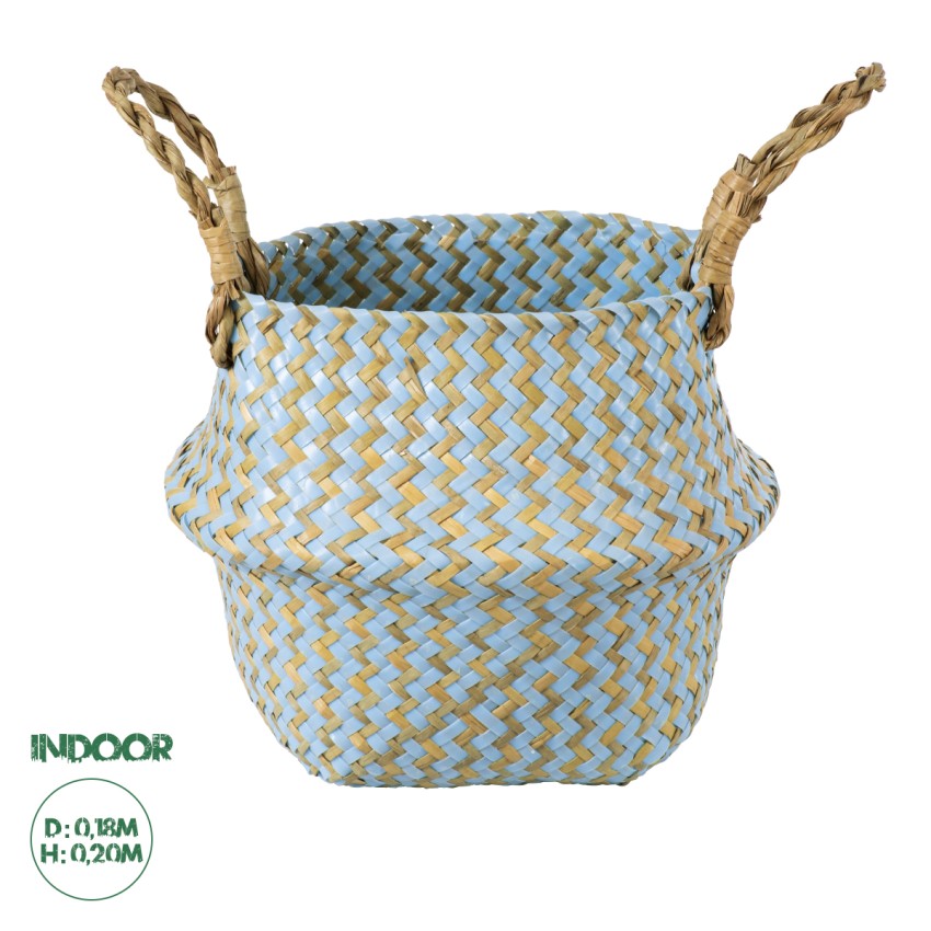 Τεχνητός Κήπος SKYROS  Διακοσμητικό Ψάθινο Καλάθι - Κασπώ Γλάστρα -  Μπλε με Καφέ Φ18cm x Υ20cm