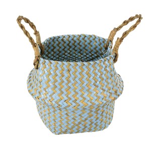 Τεχνητός Κήπος SKYROS  Διακοσμητικό Ψάθινο Καλάθι - Κασπώ Γλάστρα -  Μπλε με Καφέ Φ18cm x Υ20cm