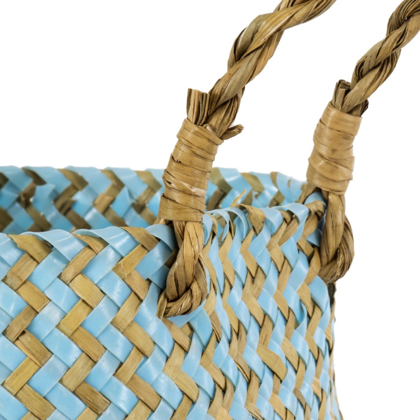 Τεχνητός Κήπος SKYROS  Διακοσμητικό Ψάθινο Καλάθι - Κασπώ Γλάστρα -  Μπλε με Καφέ Φ18cm x Υ20cm
