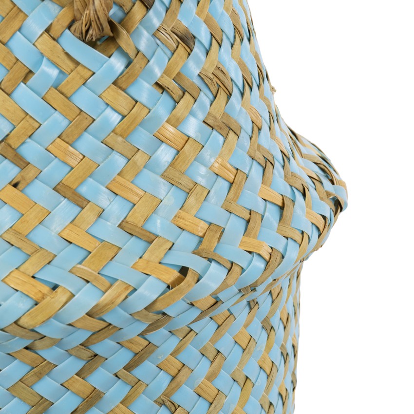 Τεχνητός Κήπος SKYROS  Διακοσμητικό Ψάθινο Καλάθι - Κασπώ Γλάστρα -  Μπλε με Καφέ Φ18cm x Υ20cm