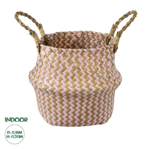 Τεχνητός Κήπος LEROS  Διακοσμητικό Ψάθινο Καλάθι - Κασπώ Γλάστρα -  Ροζ με Καφέ Φ18cm x Υ20cm