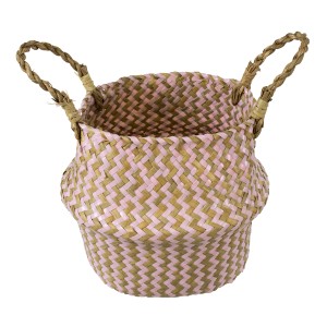Τεχνητός Κήπος LEROS  Διακοσμητικό Ψάθινο Καλάθι - Κασπώ Γλάστρα -  Ροζ με Καφέ Φ18cm x Υ20cm