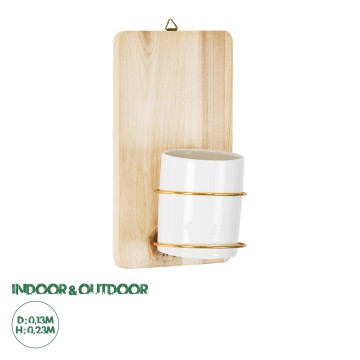 Τεχνητός Κήπος IKARIA  Επιτοίχιο Πήλινο Κεραμικό Κασπώ Γλάστρα με Ξύλινη Βάση -  Μπεζ με Λευκό & Χρυσό Φ13cm x Υ23cm