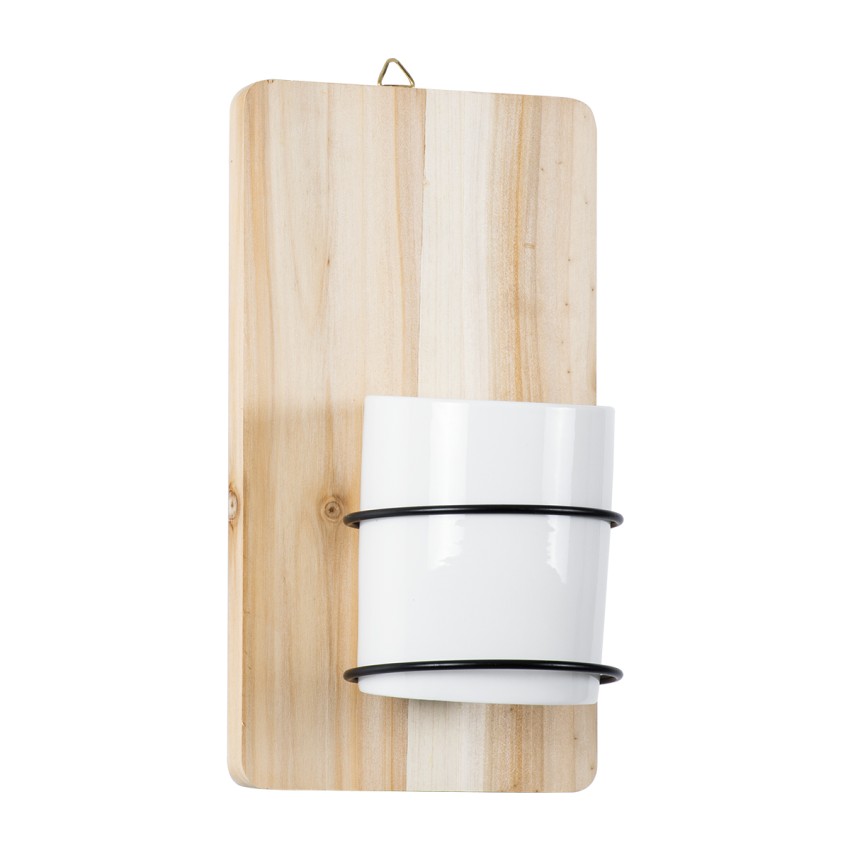 Τεχνητός Κήπος SPETSES  Επιτοίχιο Πήλινο Κεραμικό Κασπώ Γλάστρα με Ξύλινη Βάση -  Μπεζ με Λευκό & Μαύρο Φ13cm x Υ23cm