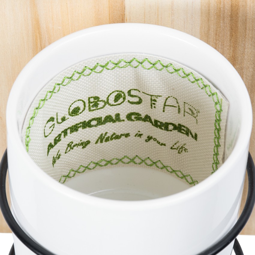 Τεχνητός Κήπος SPETSES  Επιτοίχιο Πήλινο Κεραμικό Κασπώ Γλάστρα με Ξύλινη Βάση -  Μπεζ με Λευκό & Μαύρο Φ13cm x Υ23cm