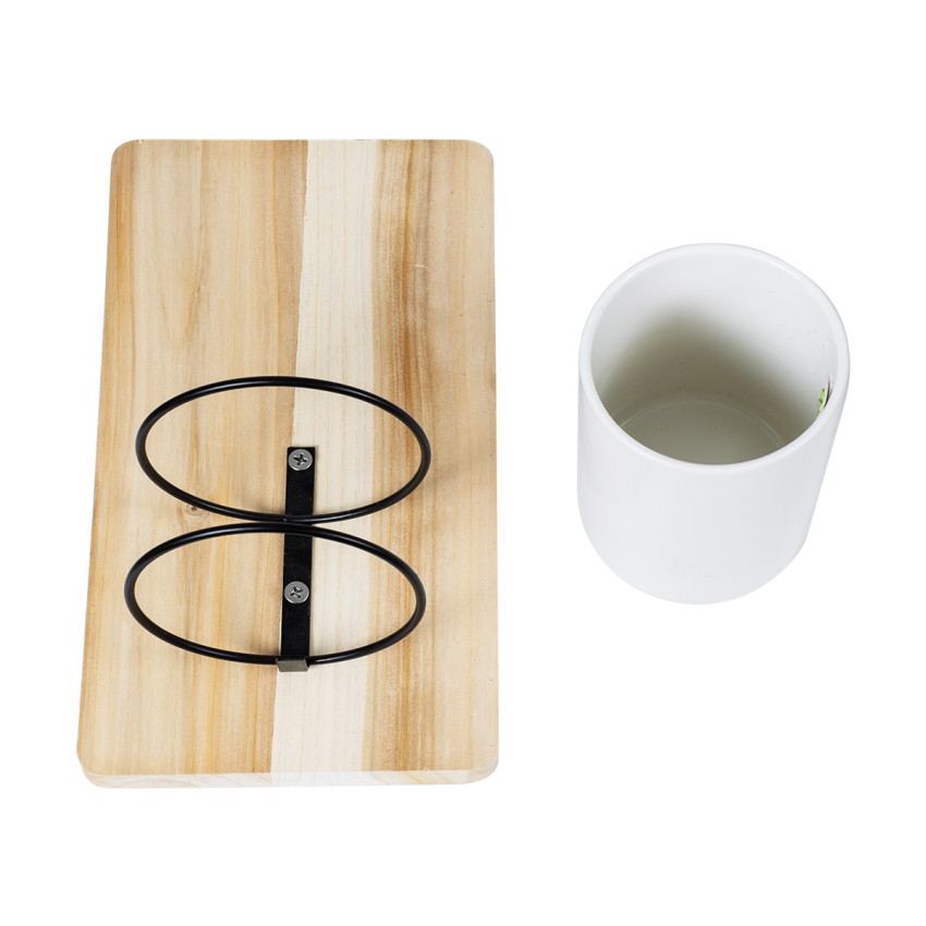 Τεχνητός Κήπος SPETSES  Επιτοίχιο Πήλινο Κεραμικό Κασπώ Γλάστρα με Ξύλινη Βάση -  Μπεζ με Λευκό & Μαύρο Φ13cm x Υ23cm