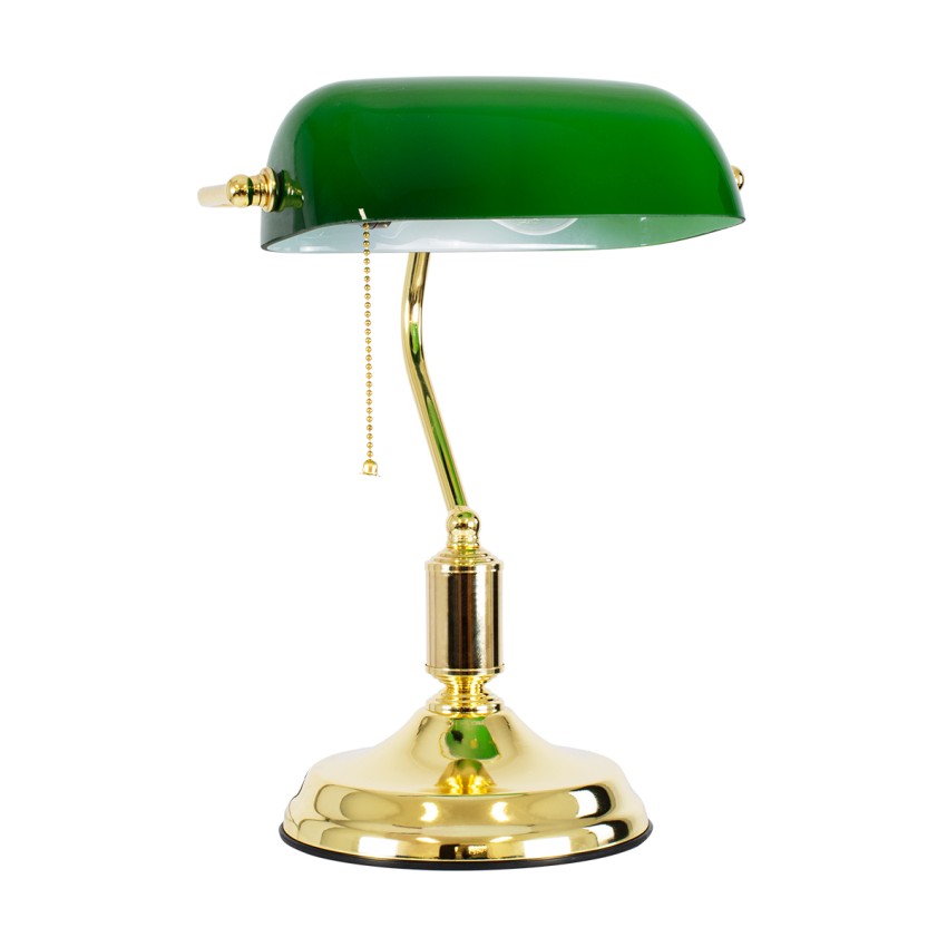 LIBRARY  Vintage Επιτραπέζιο Φωτιστικό Πορτατίφ Μονόφωτο Χρυσό Μεταλλικό με Γυαλίνο Πράσινο Καπέλο Μ26.5 x Π19 x Υ38cm