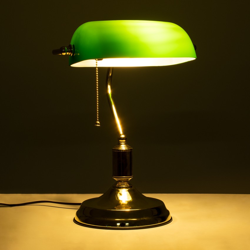LIBRARY  Vintage Επιτραπέζιο Φωτιστικό Πορτατίφ Μονόφωτο Χρυσό Μεταλλικό με Γυαλίνο Πράσινο Καπέλο Μ26.5 x Π19 x Υ38cm