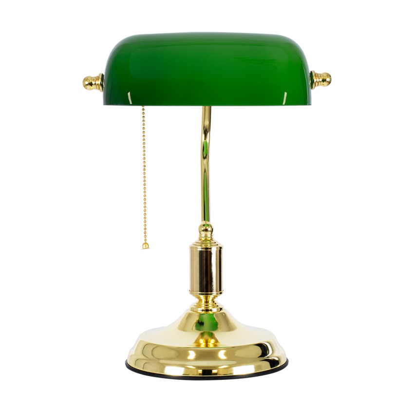 LIBRARY  Vintage Επιτραπέζιο Φωτιστικό Πορτατίφ Μονόφωτο Χρυσό Μεταλλικό με Γυαλίνο Πράσινο Καπέλο Μ26.5 x Π19 x Υ38cm