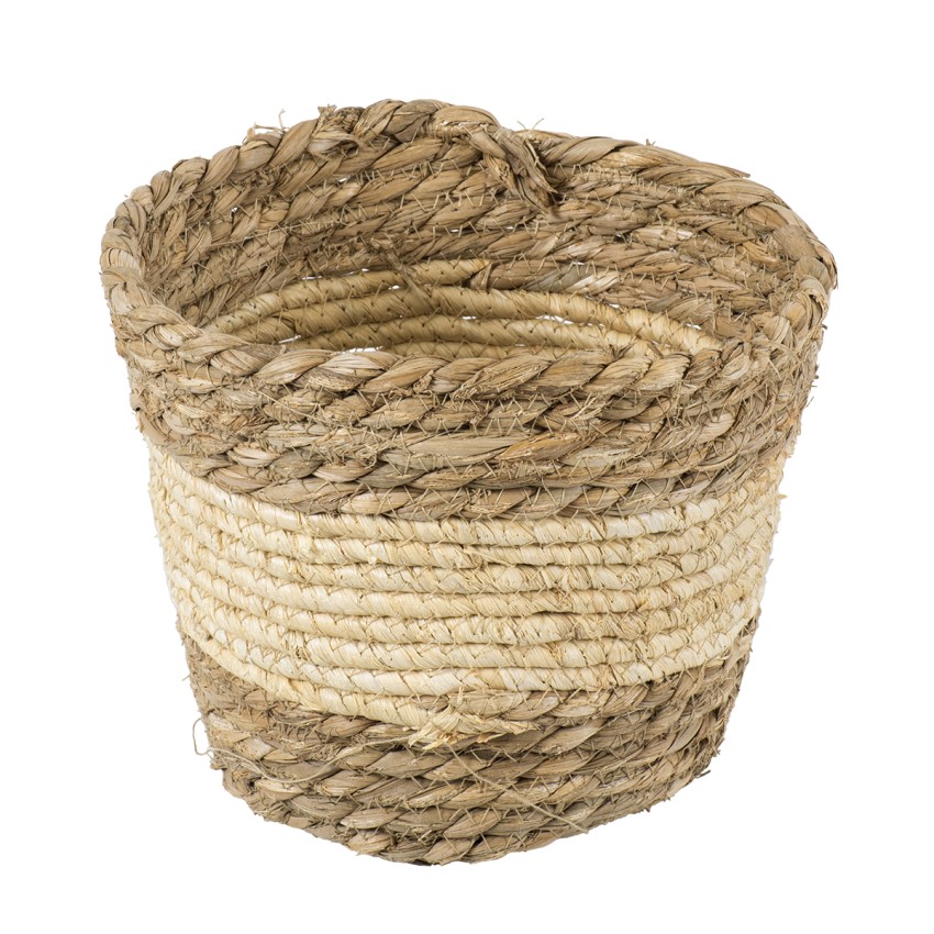 Τεχνητός Κήπος KYTHIRA  Διακοσμητικό Πλεκτό Καλάθι - Κασπώ Γλάστρα -  Μπεζ με Λευκό Φ18cm x Υ15cm