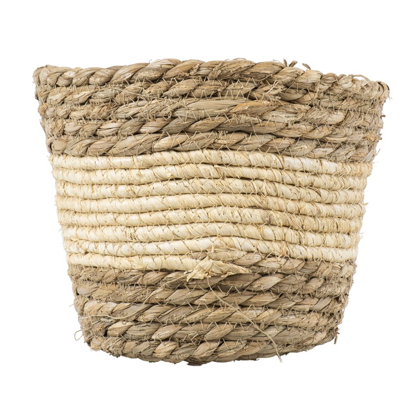 Τεχνητός Κήπος KYTHIRA  Διακοσμητικό Πλεκτό Καλάθι - Κασπώ Γλάστρα -  Μπεζ με Λευκό Φ18cm x Υ15cm