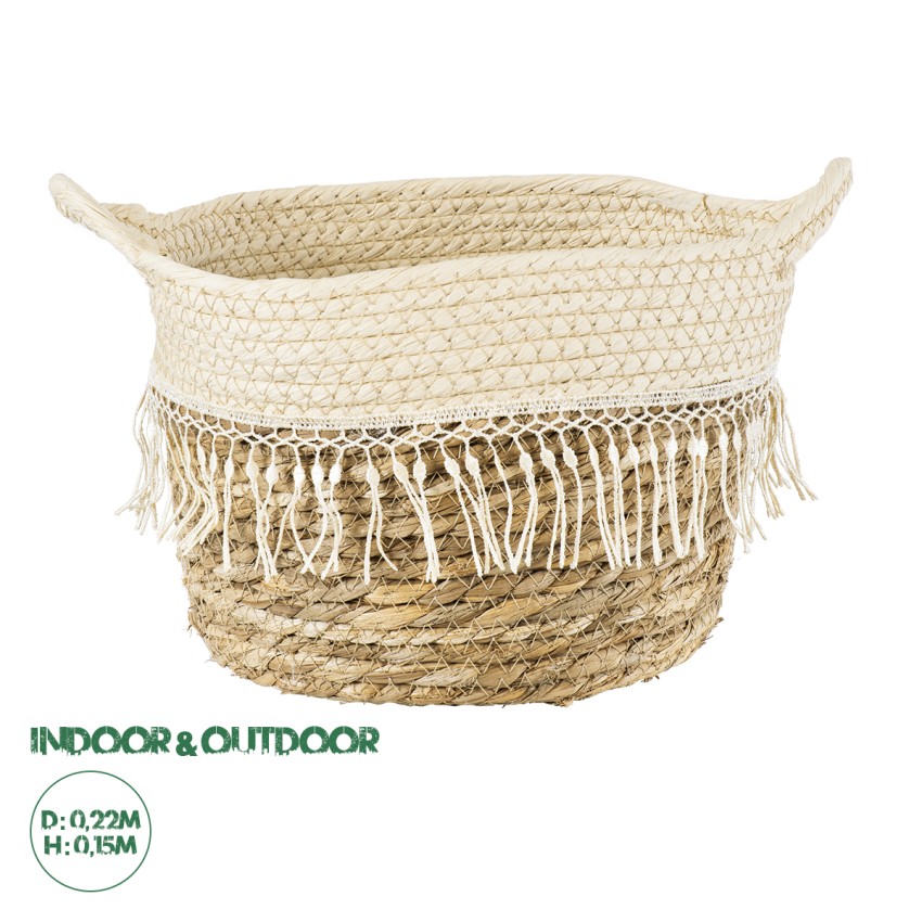 Τεχνητός Κήπος MYKONOS  Διακοσμητικό Πλεκτό Καλάθι - Κασπώ Γλάστρα -  Μπεζ με Μακραμέ Φ22cm x Υ15cm