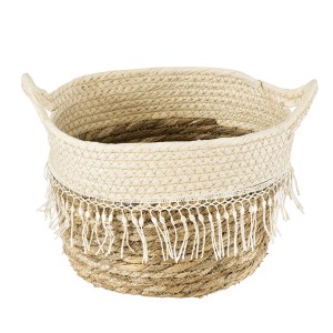 Τεχνητός Κήπος MYKONOS  Διακοσμητικό Πλεκτό Καλάθι - Κασπώ Γλάστρα -  Μπεζ με Μακραμέ Φ22cm x Υ15cm