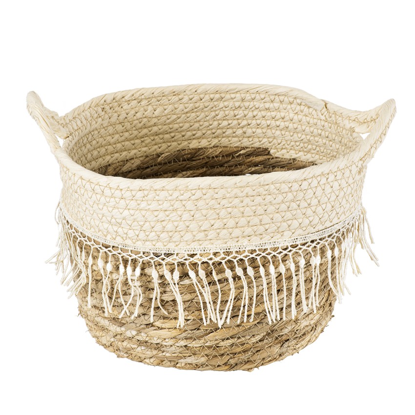 Τεχνητός Κήπος MYKONOS  Διακοσμητικό Πλεκτό Καλάθι - Κασπώ Γλάστρα -  Μπεζ με Μακραμέ Φ22cm x Υ15cm