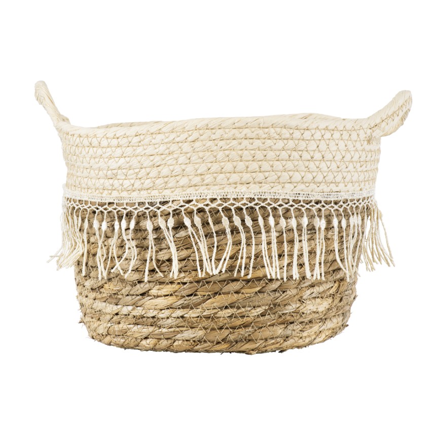 Τεχνητός Κήπος MYKONOS  Διακοσμητικό Πλεκτό Καλάθι - Κασπώ Γλάστρα -  Μπεζ με Μακραμέ Φ22cm x Υ15cm