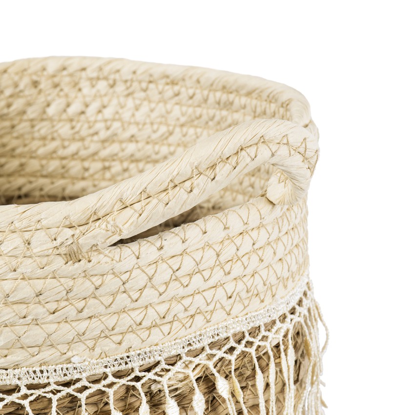 Τεχνητός Κήπος MYKONOS  Διακοσμητικό Πλεκτό Καλάθι - Κασπώ Γλάστρα -  Μπεζ με Μακραμέ Φ22cm x Υ15cm