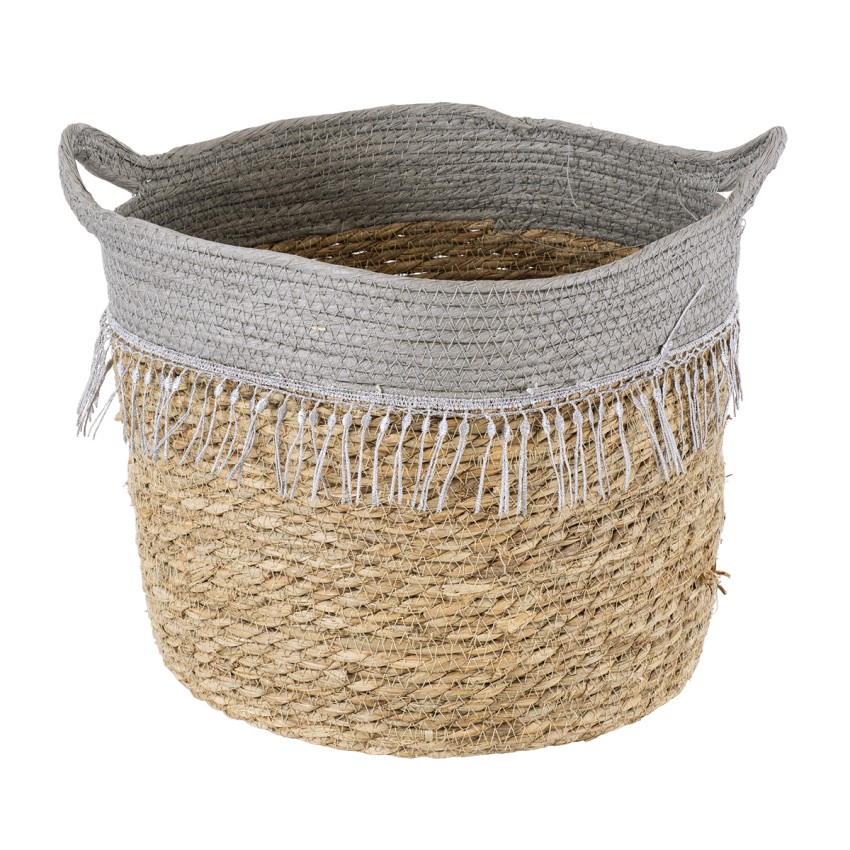 Τεχνητός Κήπος SYROS  Διακοσμητικό Πλεκτό Καλάθι - Κασπώ Γλάστρα -  Μπεζ με Γκρι Φ28cm x Υ24cm