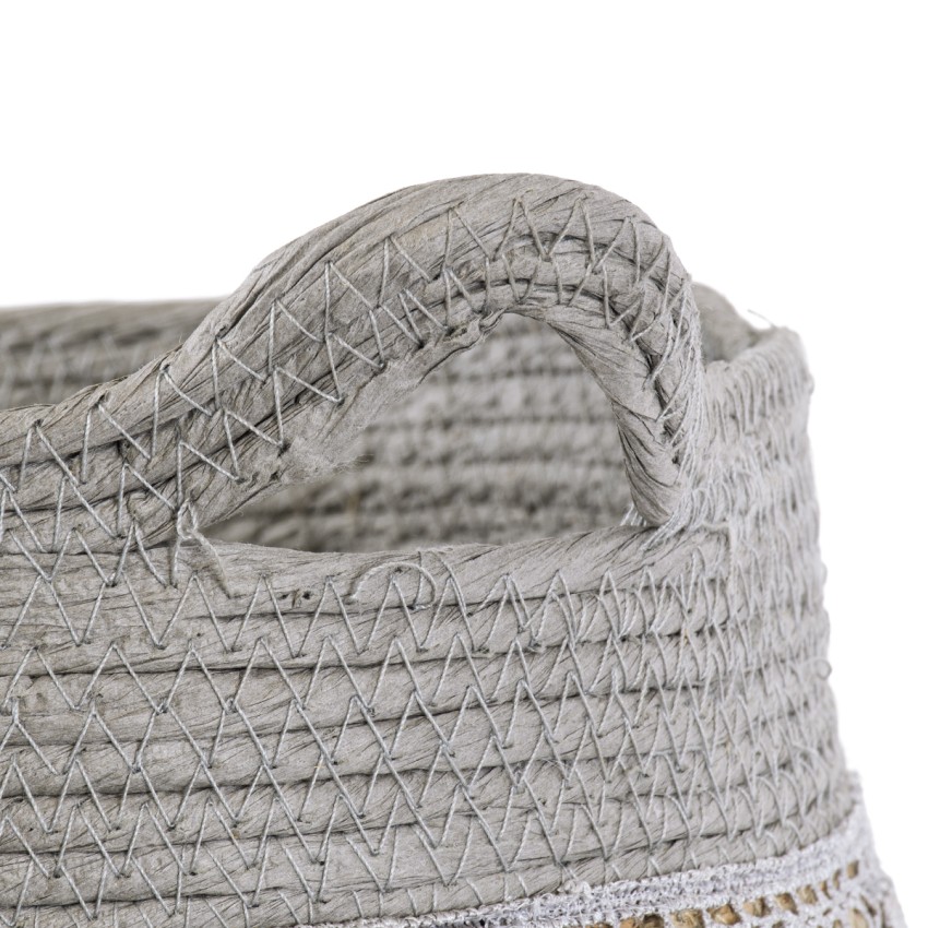 Τεχνητός Κήπος SYROS  Διακοσμητικό Πλεκτό Καλάθι - Κασπώ Γλάστρα -  Μπεζ με Γκρι Φ28cm x Υ24cm