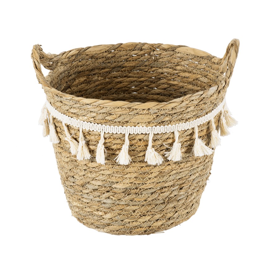 Τεχνητός Κήπος SANTORINI  Διακοσμητικό Πλεκτό Καλάθι - Κασπώ Γλάστρα -  Μπεζ με Μακραμέ Φ20cm x Υ20cm