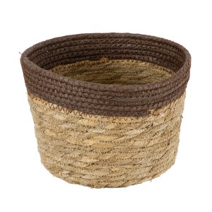 Τεχνητός Κήπος LEFKADA  Διακοσμητικό Πλεκτό Καλάθι - Κασπώ Γλάστρα -  Μπεζ με Καφέ Φ22cm x Υ15cm